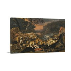 A Still Life With Game Hunting Gear And Two Dogs (Type: Standard Framed Canvas Print, size: 24" x 16" / 60cm x 40cm (approx))
